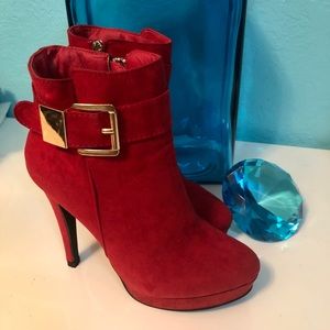 Red ankle bootie suede